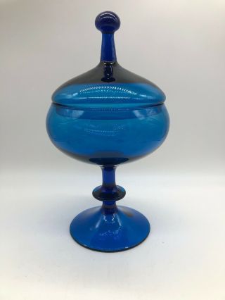 Blown Glass Blue Empoli Art Glass Apothecary Jar - Atomic - Mid Century