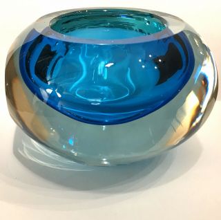 Eames Era Geode Murano Art Glass Bowl Blue Cut Clear Poli Vetri D 