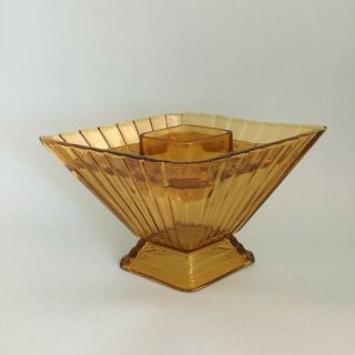 Vintage Art Deco Amber Depression Glass Diamond Shaped Vase With Insert