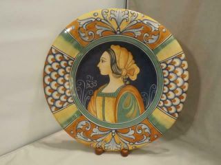 Dip.  A Mano Deruta Renaissance Woman Portrait Pottery Charger Plate 11 3/4 " Acr.