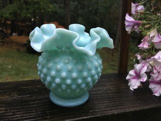 Htf Fenton Turquoise Blue Milk Glass Ruffled Hobnail Ball Vase