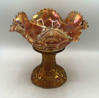 Vintage Imperial Marigold Carnival Glass Fruit Bowl With Base - Twins Pattern