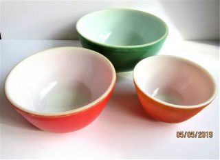Vintage Pyrex Mixing Bowls Set Of 3,  Green,  Red & Orange