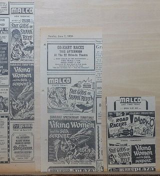 3 1959 Newspaper Ads For Movies Viking Women & Sea Serpent,  Shegods Shark Reef