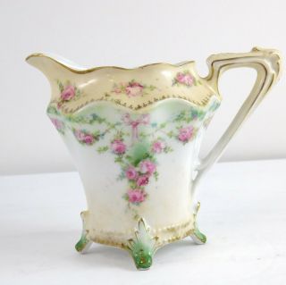 Rs Prussia Pink Rose Green Vine Creamer Gold Trim Ribbons Floral Motif Porcelain