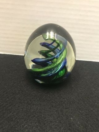 Vintage Art Glass Paperweight Murano Style Egg Shaped Blue/green Swirl