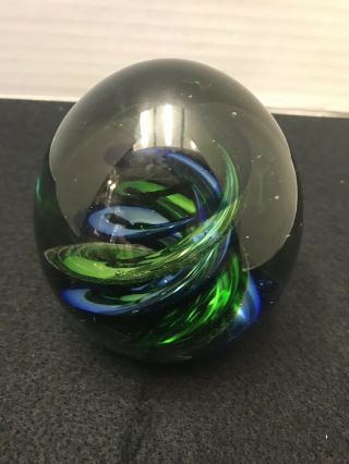 VINTAGE Art Glass Paperweight Murano STYLE EGG SHAPED BLUE/GREEN SWIRL 6
