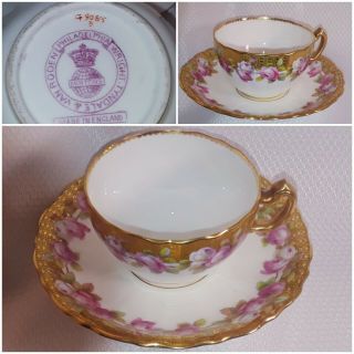 Antique Mintons Tea Cup & Saucer Gold With Pink Cabbage Rose C9085