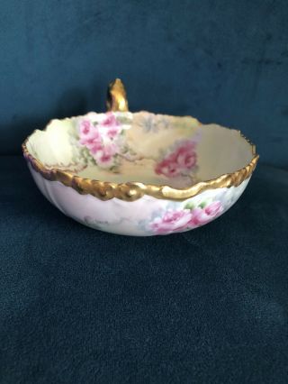 Antique J.  P/ L France Limoges Hand Painted Floral Handle Bowl Heavy Gold 5”