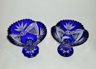 2 Bohemian Cobalt Blue Crystal Cut To Clear Glass Pedestal Bowls/goblets