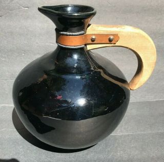 RARE BLACK Bauer Pottery Ball Pitcher Wood Handle old carafe mission art crafts 2