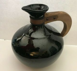 RARE BLACK Bauer Pottery Ball Pitcher Wood Handle old carafe mission art crafts 3