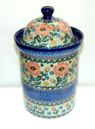 Unikat Polish Pottery Lidded 10 " Tall Jar & Lid In Blue & Peach Floral Canister