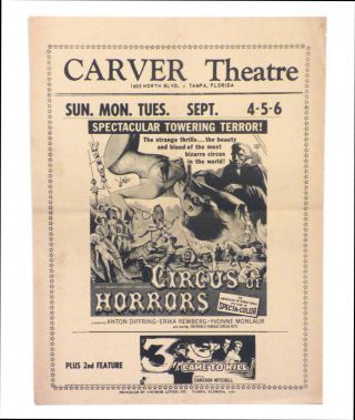 1960 " Circus Of Horrors " Herald Flyer Carver Theatre Fla
