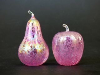 Heron Iridescent Pink Glass Fruit Paperweights Apple & Pear England