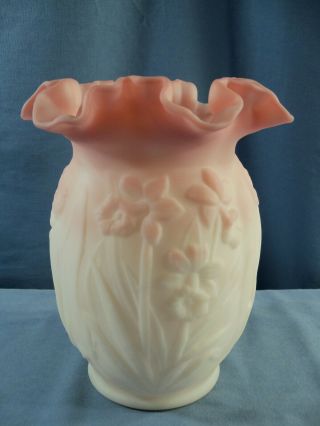 Large Fenton Pink Rosalene Glass Vase W/ Daffodil Design - 8 " Tall