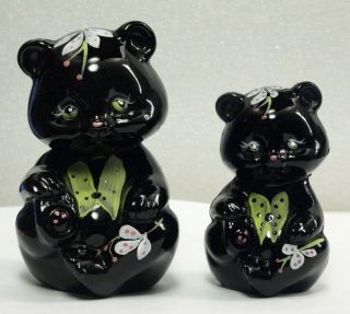 Fenton Art Glass Cute Mama And Baby Black Bear Set Handpainted - Signed - Label - Box