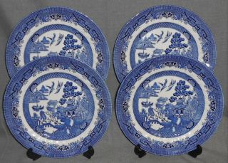 Set (4) Royal Wessex Blue Willow Pattern Dinner Plates Made In England