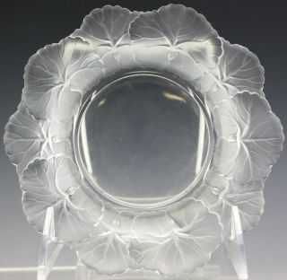 Signed Lalique France Honfleur Geranium Leaf Frosted Crystal Art Glass Dish Sms