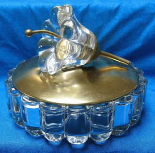Vintage Heisey Crystolite Candy Box Dish Brass & Glass Flower On Top