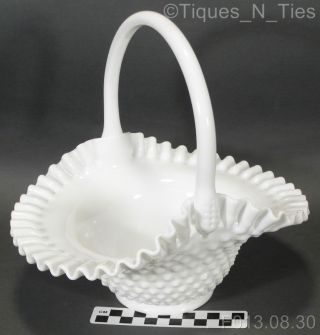 Vintage Fenton Hob Nail Large White Milk Glass Crimmped Edge Wedding Basket (gg)