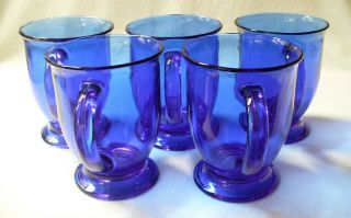 5 Vintage Cobalt Blue Anchor Hocking Glass Footed Pedestal Coffee Mugs 5 " 16oz.