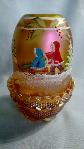 Fenton Fairy Lamp - Children In Snow - Marigold Or Gold Carnival - Reynolds