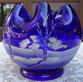 Fenton Cobalt Blue Winter Scene Ruffled Top Hand Painted & Signed By D.  Wright