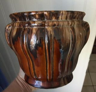 Arts & Crafts Mission Style Brush Mccoy Pottery Brown Onyx Handled Jardiniere
