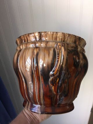 Arts & Crafts Mission Style Brush McCoy Pottery Brown Onyx Handled Jardiniere 3