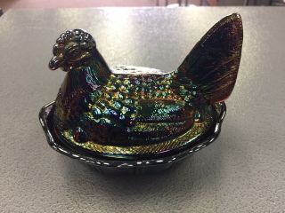 Vintage Fenton Carnival Glass Hen On Nest Covered Dish Electric