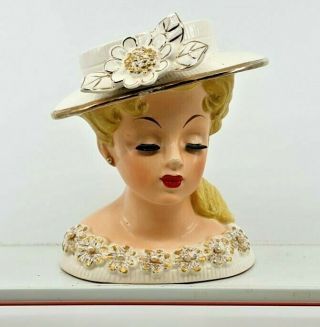 Vintage 1959 Rubens Originals Lady Head Vase W/ Closed Eyes & Wide Hat 500
