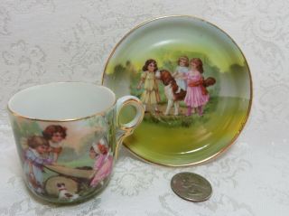 Rare Vtg Antique Demitasse Cup & Saucer / Child Cup - Children Playing With Dogs