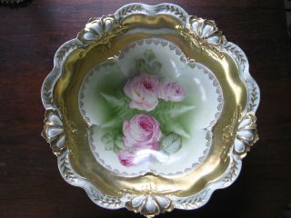 Antique Royal Bayreuth Porcelain Bowl With Roses And Ferns