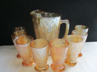 Floragold Louisa 8 Ounce Footedtumblers & Matching Pitcher From Jeanette Glass