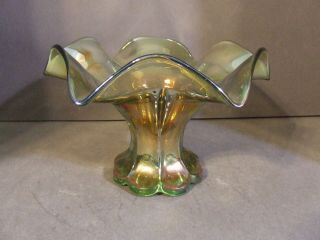 Vintage Imperial Columbia Green Carnival Glass Ruffled Thumbprint Compote Vase