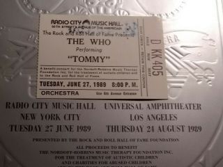 The Who - Tommy June 1989 Tour Program,  $1,  000 Ticket Stub Radio City Music Nyc