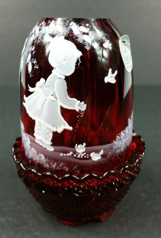 Fenton Signed Handpainted Ruby Red Fairy Lamp Mary Gregory Sticker Euc