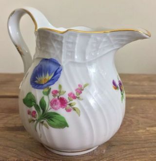 Antique 19thc Meissen Porcelain Creamer Basket Weave Painted Flowers 3.  5” Tall