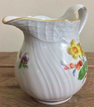 Antique 19thC Meissen Porcelain Creamer Basket Weave Painted Flowers 3.  5” Tall 2