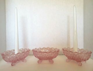 L G Wright Daisy And Button Pink Glass Oval Centerpiece Bowl,  2 Candle Holders