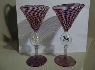 2 Unique Hand Blown Art Glass Martini Glasses Red & Black