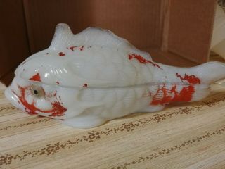 Antique Milk Glass Vallerysthal Fish Covered Dish 2