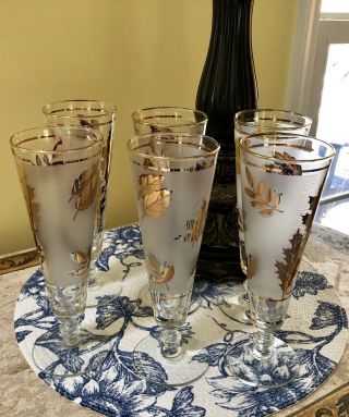 Set Of 6 Vintage Libbey Frosted Gold Leaf Glasses