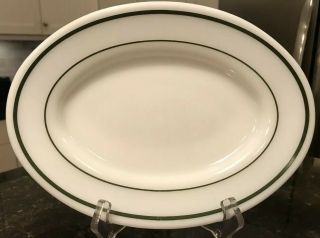 Set Of 4 Corning Oval Milk Glass Plate Green Stripe 9 1/2 " X7 " Pyrex Mess Hall