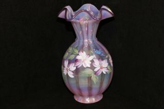 Gorgeous Hand Painted Fenton Glass Vase,  Iridescent,  Ruffled Top,  Signed,  9 - 1/4 "
