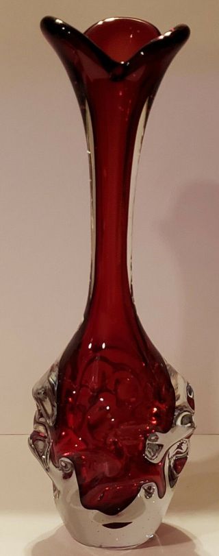 Vintage Murano Deep Red & Clear Art Glass Tall Sleek Heavy Murano Vase