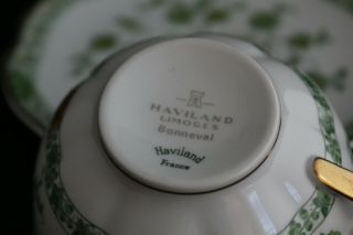 Vintage Set 4 Haviland LIMOGES BONNEVAL Green Gold CUPS & SAUCERS 7