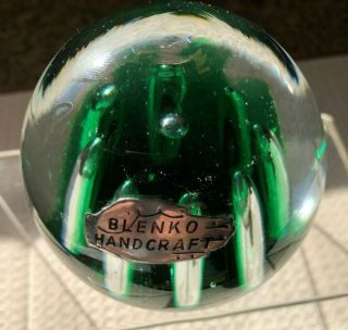 1970’s Blenko Green Air Trap Ribbed Handcrafted Glass Paperweight 68e Sphere