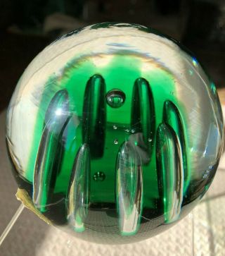 1970’s Blenko Green Air Trap Ribbed Handcrafted Glass Paperweight 68E Sphere 2